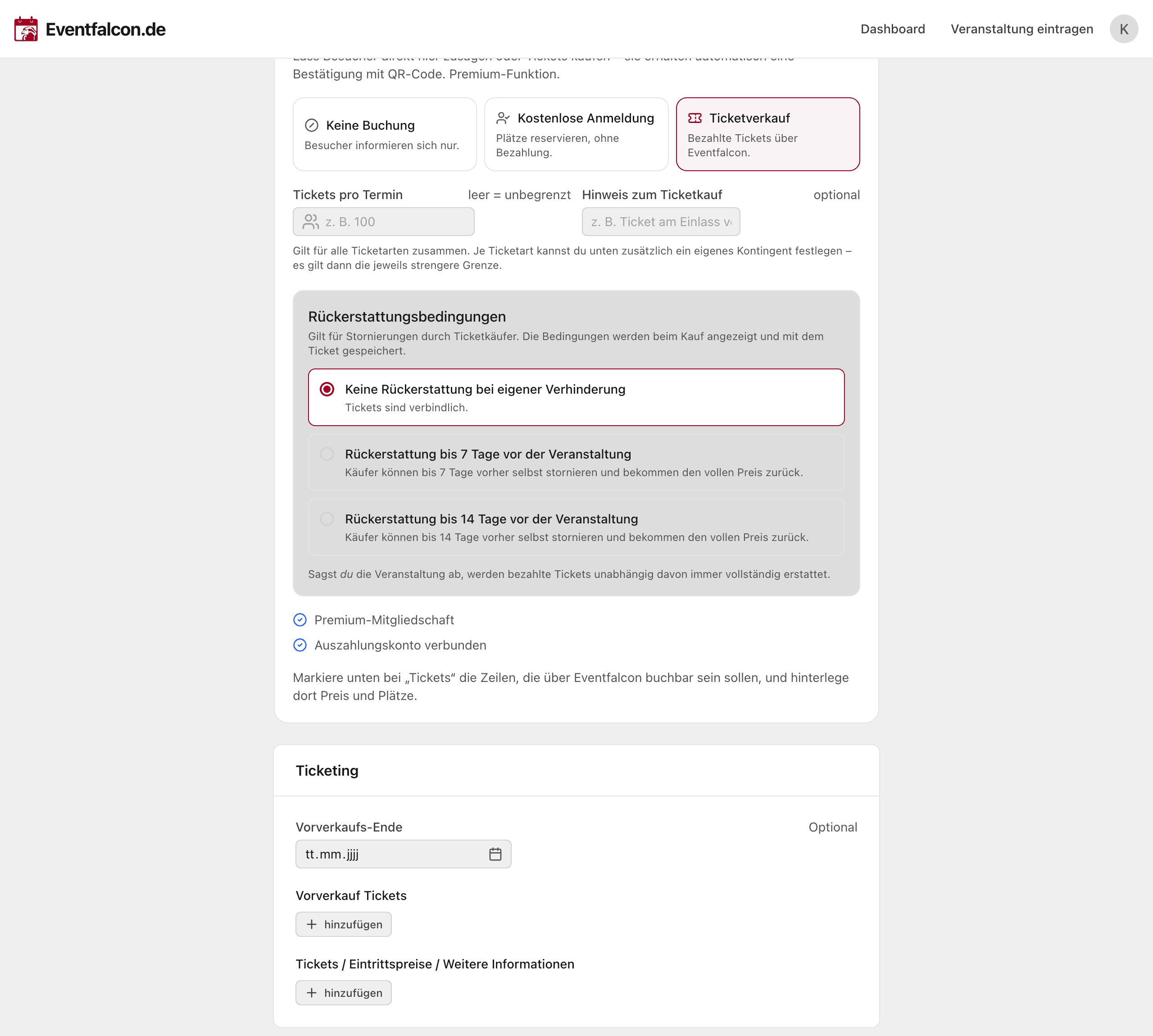 Buchungseinstellungen mit Ticketverkauf und Rückerstattungsbedingungen
