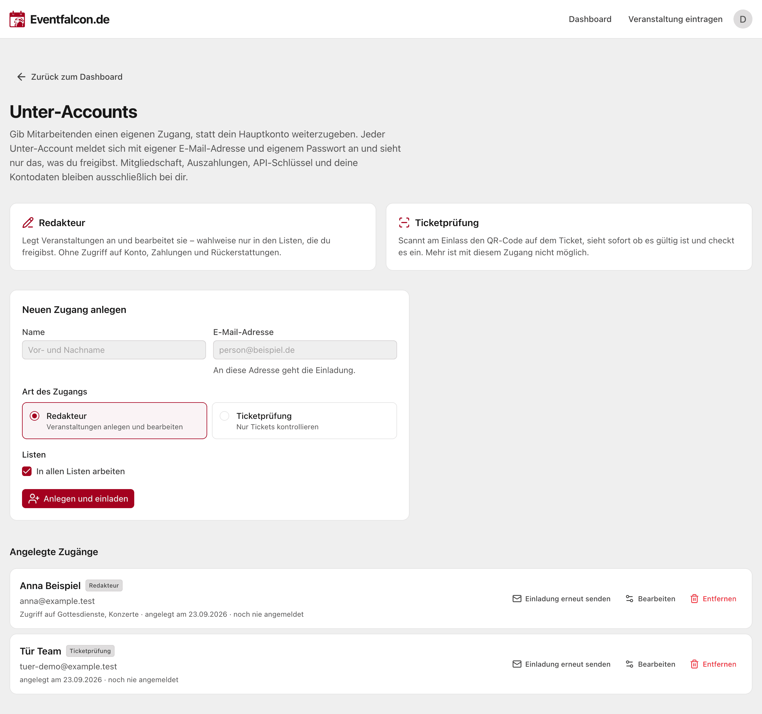 Die Verwaltung der Unter-Accounts